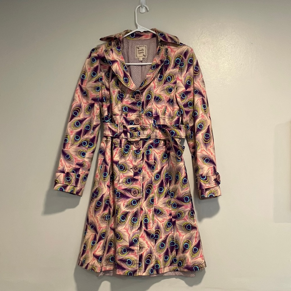 Nanette Lepore Funky Peacock Trench Coat Size 2 Cotton Blend Pink Art to Wear
